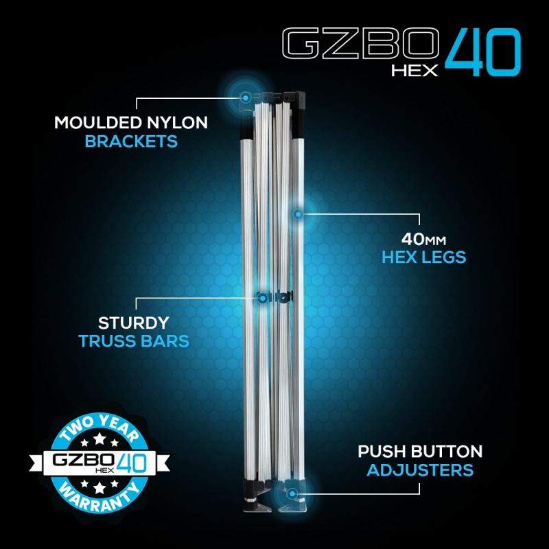 GZBO Hex 40 folded frame showing 40mm aluminium legs, nylon brackets, truss bars and push-button adjusters